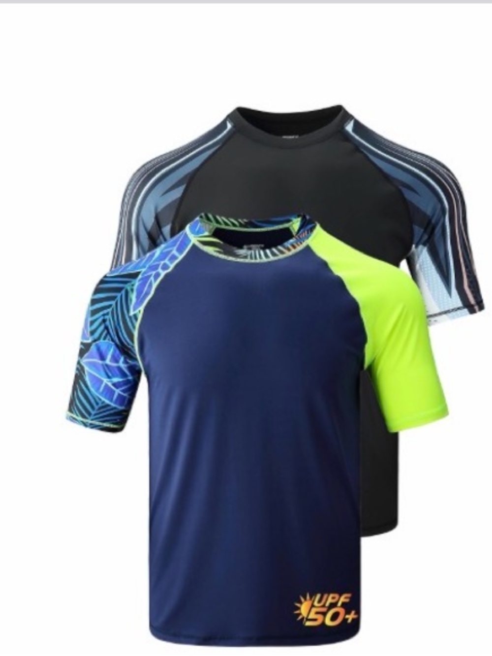 Men's Navy and Neon Lime Short Sleeve Swim Rash Guard - UPF 50+